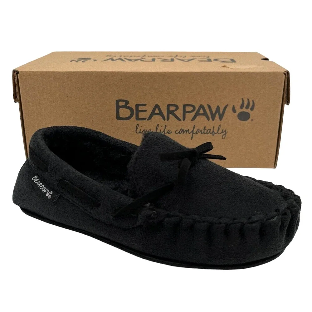 Bearpaw Boys Faux Fur Lined Slippers Size 13-1Y (M) Black Warm Cozy Winter Shoes